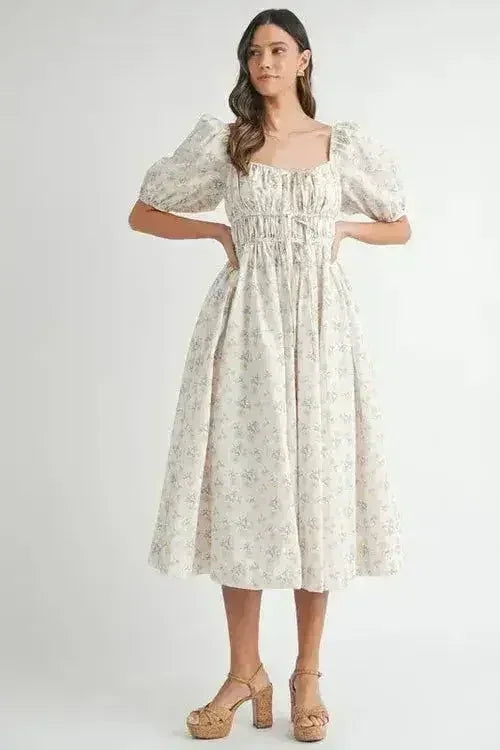 MABLE Floral Drawstring Detail Puff Sleeve Midi Dress