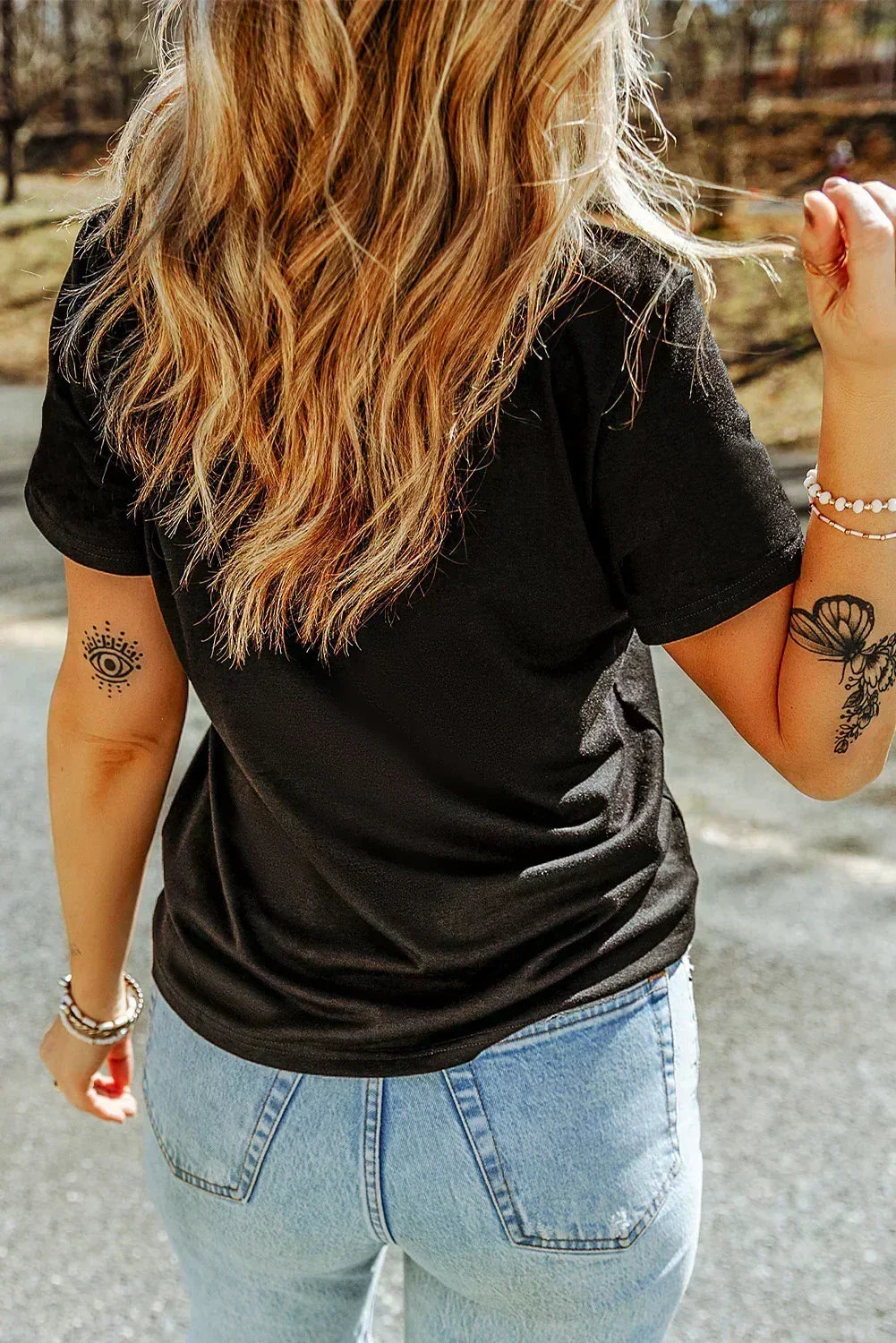 Black Rhinestone Boot Stitch Pattern Printed Cotton Blend Tee