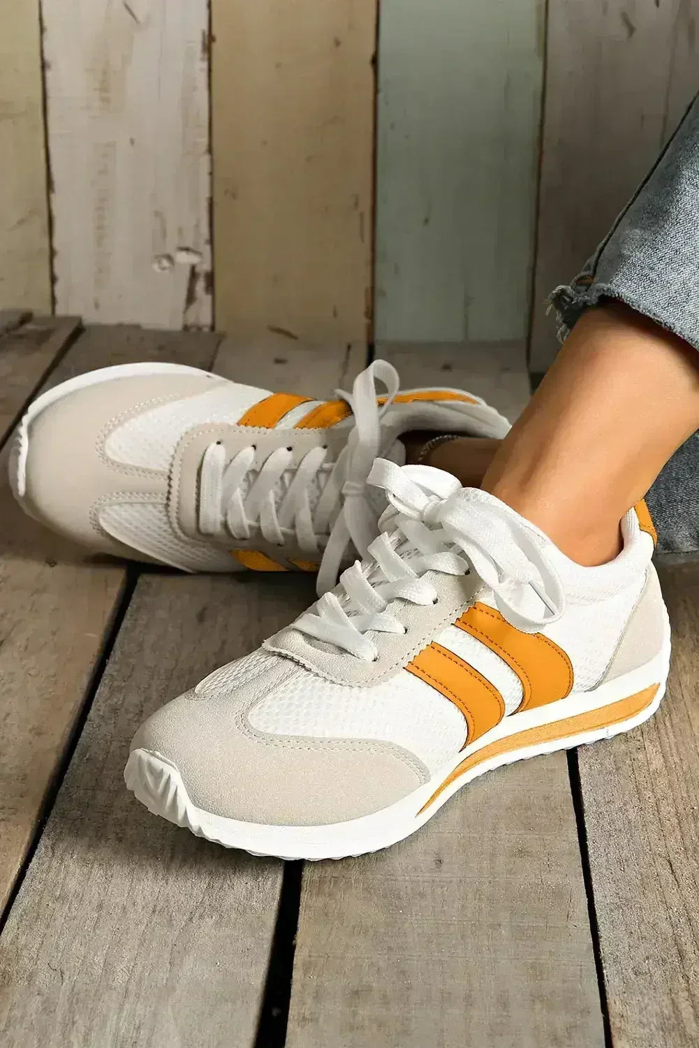 Yellow Patchwork Sneakers - Microfiber Breathable Shoes - Wholesale Comfort