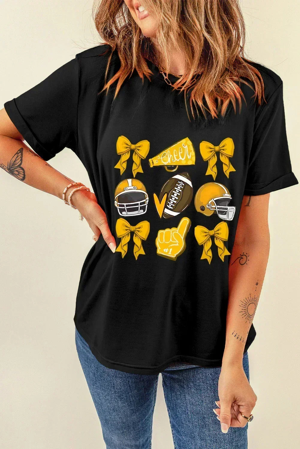 Game Day Rugby Tee: White Cheer Helmet & Bow Graphic T-Shirt