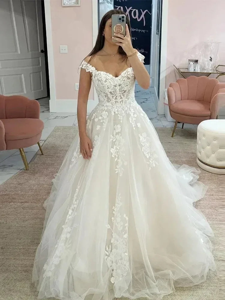 Modest Wedding Dress - Sweetheart Off-Shoulder Lace Gown | Femstylo