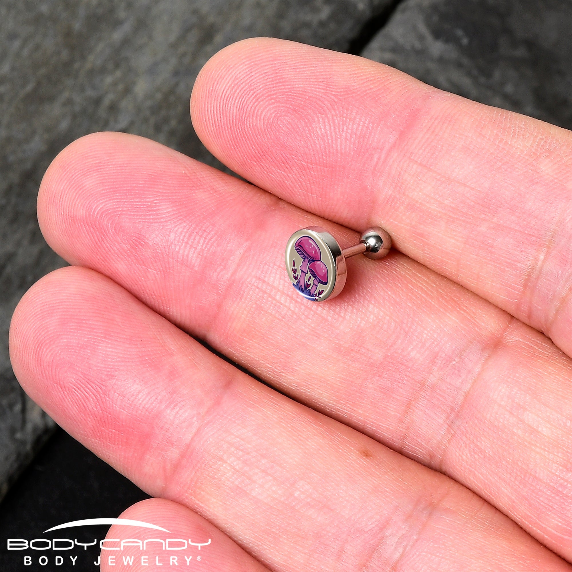 16G 1/4 Artist Drawn Pink Mushrooms Tragus Cartilage Earring by Onyx O