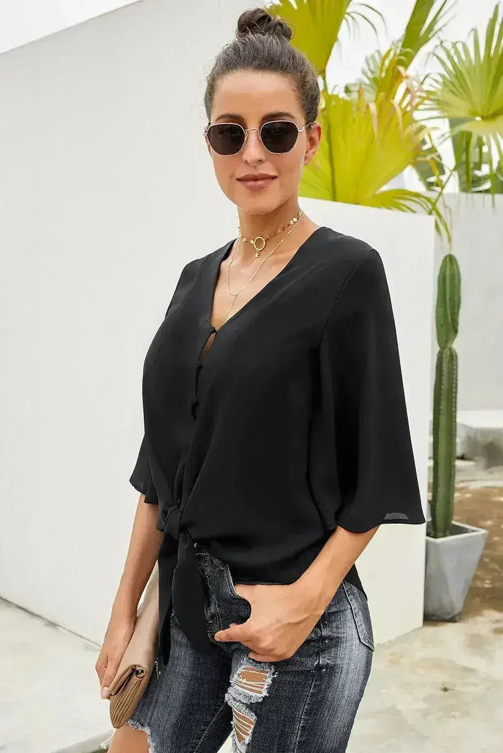 Black Button-Down Tie Blouse - V-Neck 3/4 Sleeve Top for Women | Femstylo