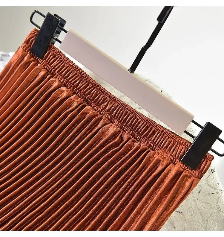 Classic Golden Velvet Pleated Skirt High Waist Retro Style Fashion Office Lady Pleated Long Skirt Winter Velvet Skirt 90cm Long