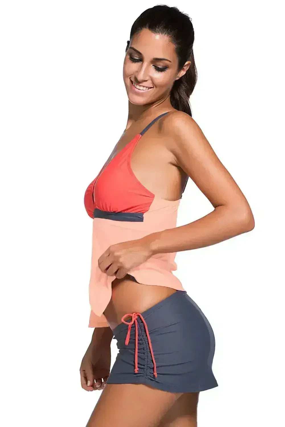 Orange Pink Colorblock 2 Pieces Tankini Skort Bottom Swimsuit
