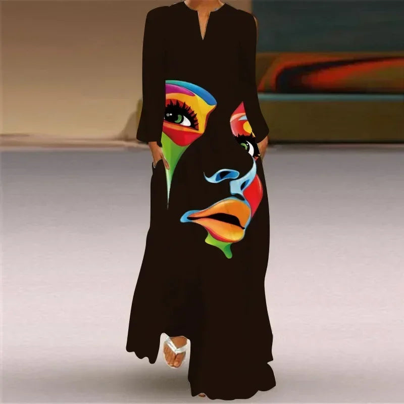 Women's Maxi Dress Printed Retro Fashion y2k vestidos Long Sleeve Loose Robe S-5XL