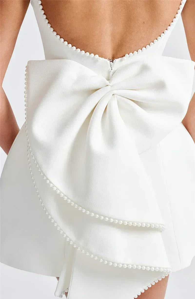 Mozision Pearl Bow Backless Sexy Mini Dress For Women Robe Fashion Zipper Sleeveless High Waist A-line Club Party Dress Elegant