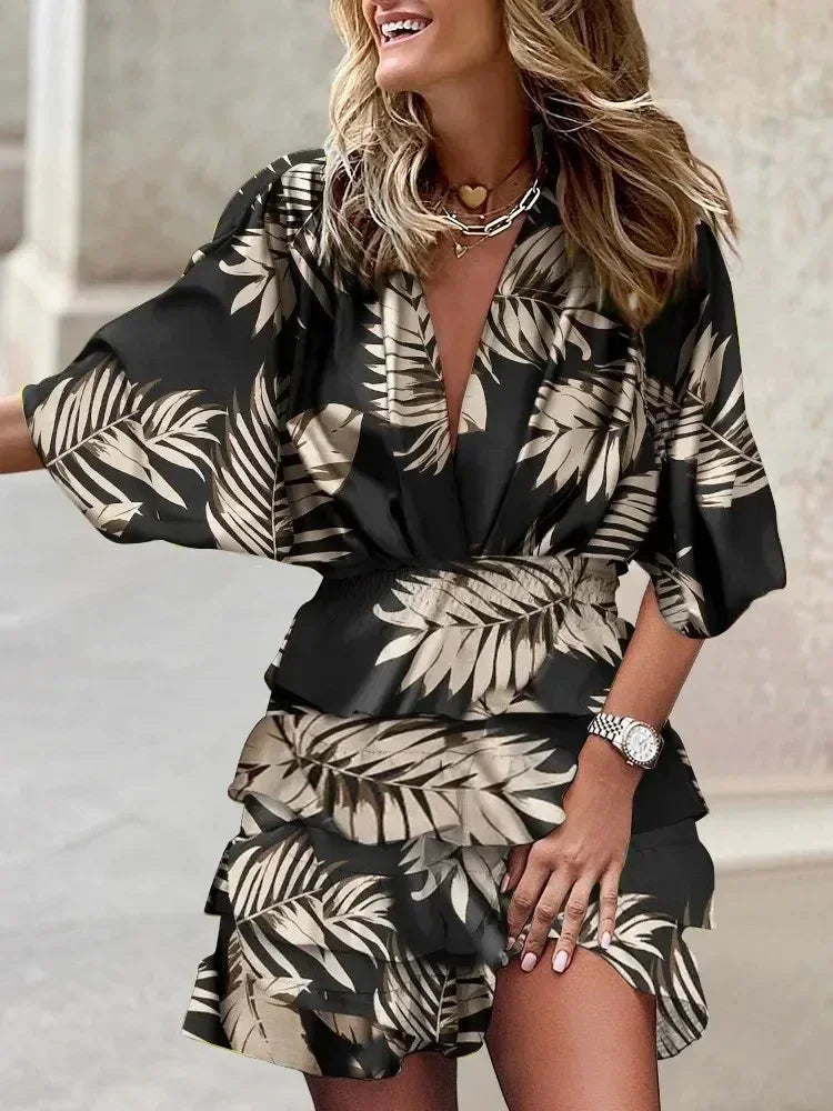 Women Fall V-Neck Loose Batwing Hafl Sleeve Print Dress Fashion Elegant Lace-up Ruffle Beach Mini Dresses Casual Streetwear 2024