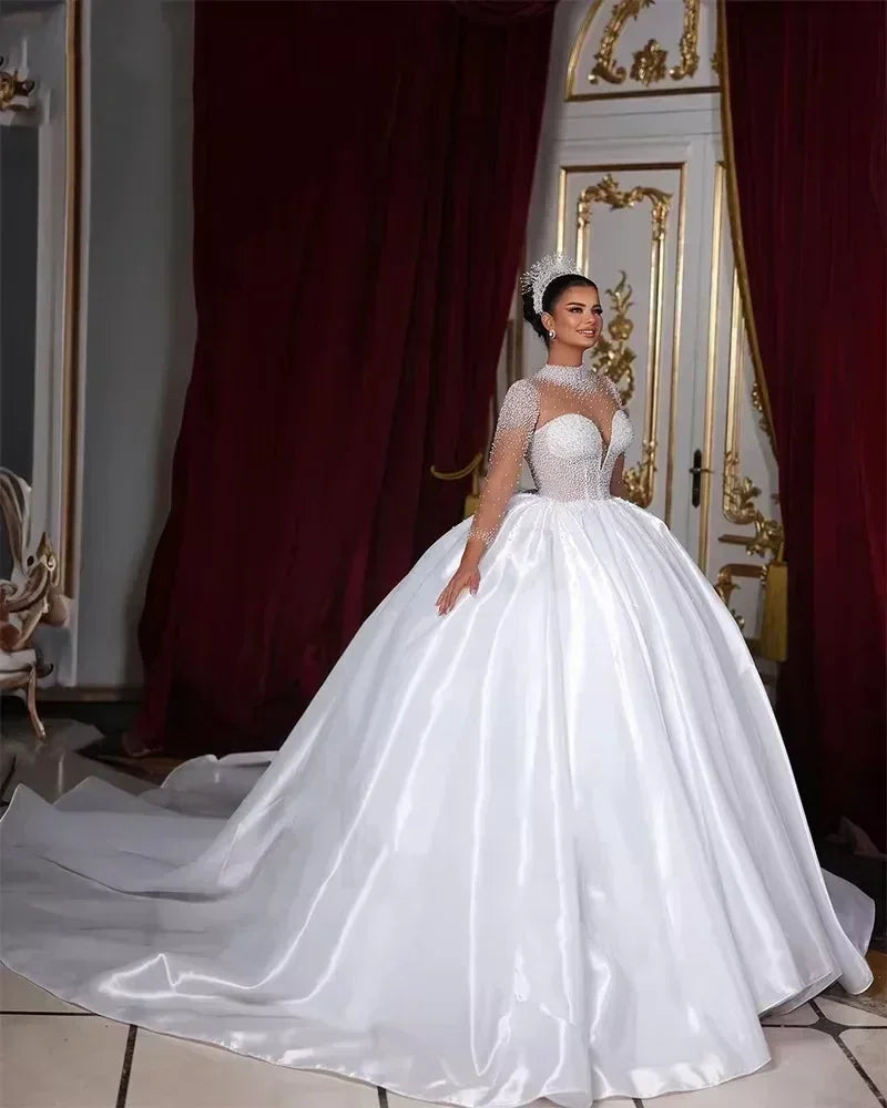Flavinke Customized Wedding Dresses Long Sleeves High Neck Pearls Bridal Princess Ball Gown Chapel Trian Women vestidos de novia