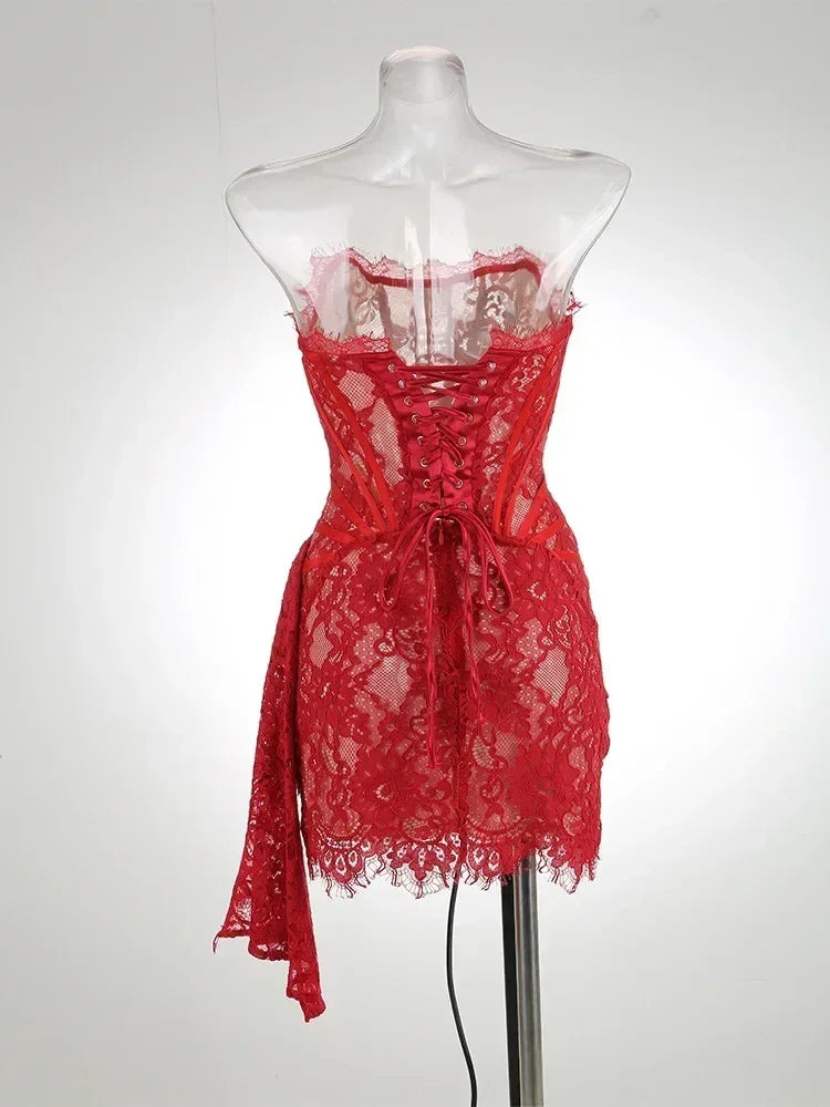 TARUXY Sexy Lace See-through Patchwork Corset Dress Female Bodycon Elegant Party MIrrgualr Mini Dress Women Tube Top Dress New
