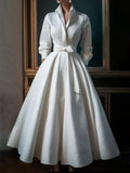 Elegant Women's Solid Color Stand Collar Shirt Dress Casual Mid-Length Waisted Evening Party Dress for Women 2024