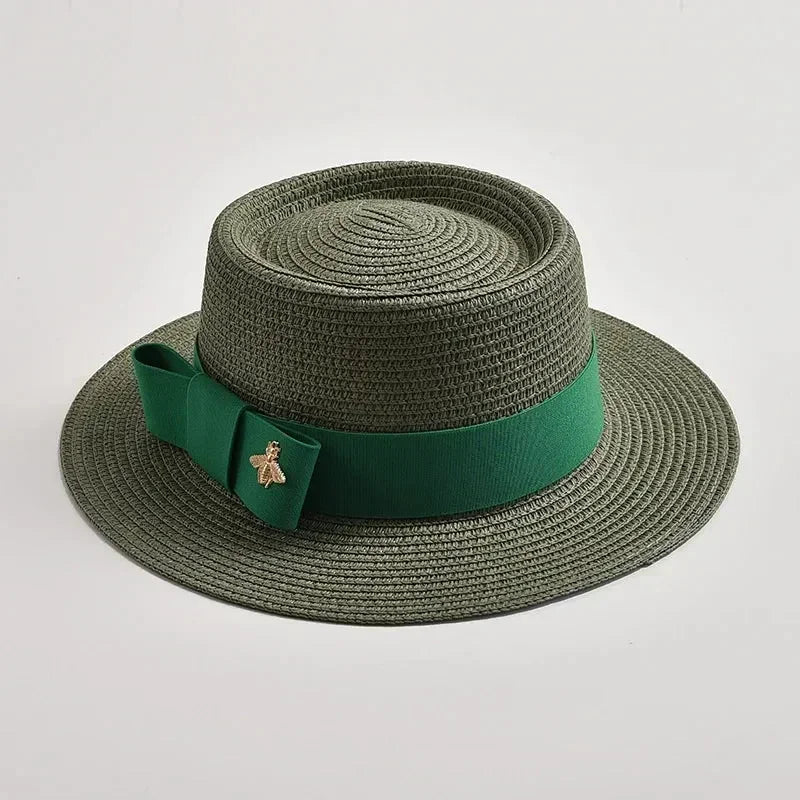 NEW Spring Summer Straw Hats for Women Round Bumpy Surface Flat Top Bowknot Dress Cap Travel Beach Sun Hat Gorra