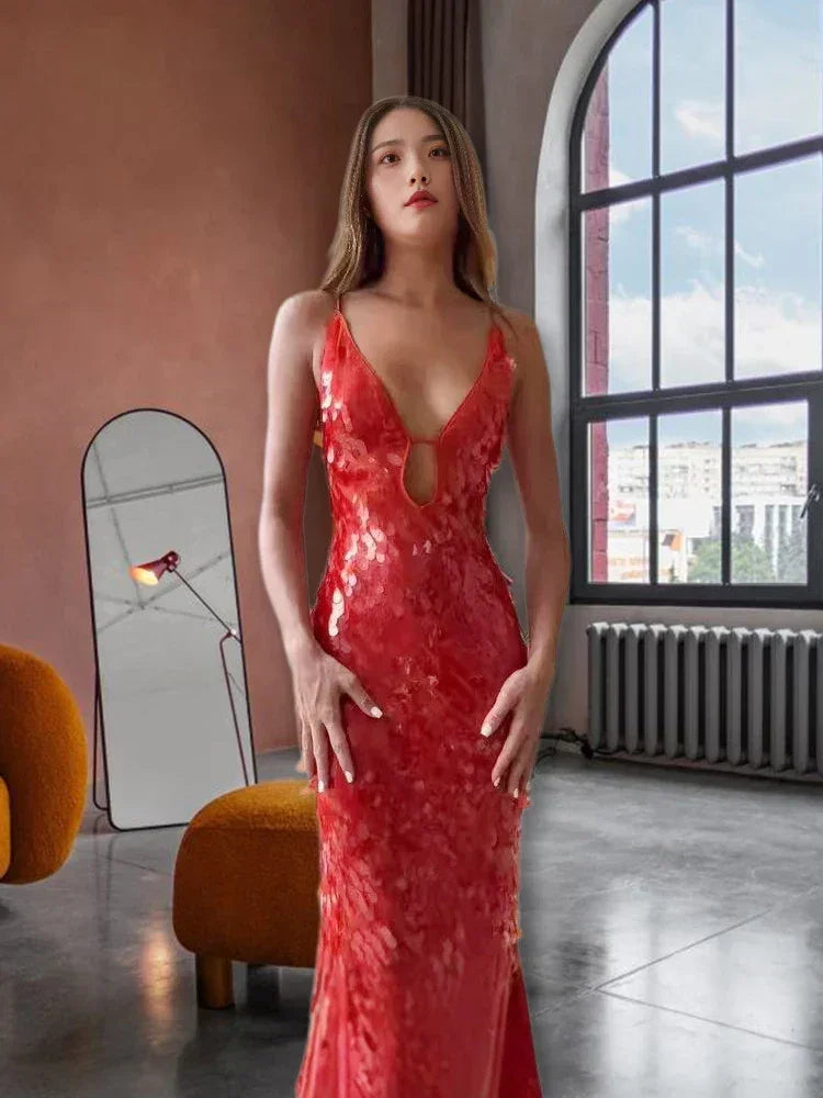 Sexy Women Maxi Dresses Elegant Sequins Sleeveless Female Long Dress Fashion  Solid Deep V Neck Ladies Party Robe Dress
