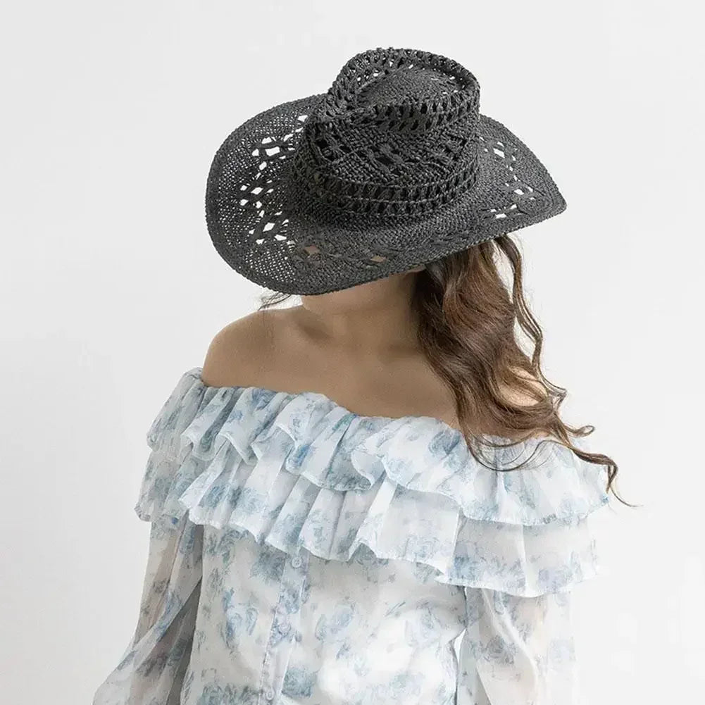 Summer Outdoor Men Women Hand-woven Western Cowboy Straw Hats Wide Brim Breathable Beach Jazz Cap Sun Protection Hat