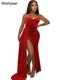 Wishyear Elegant Sparkly Bodycon Long Dresses with Trail Christmas Birthday Dress for Women Sequin Velvet Maxi Evening Vestidos