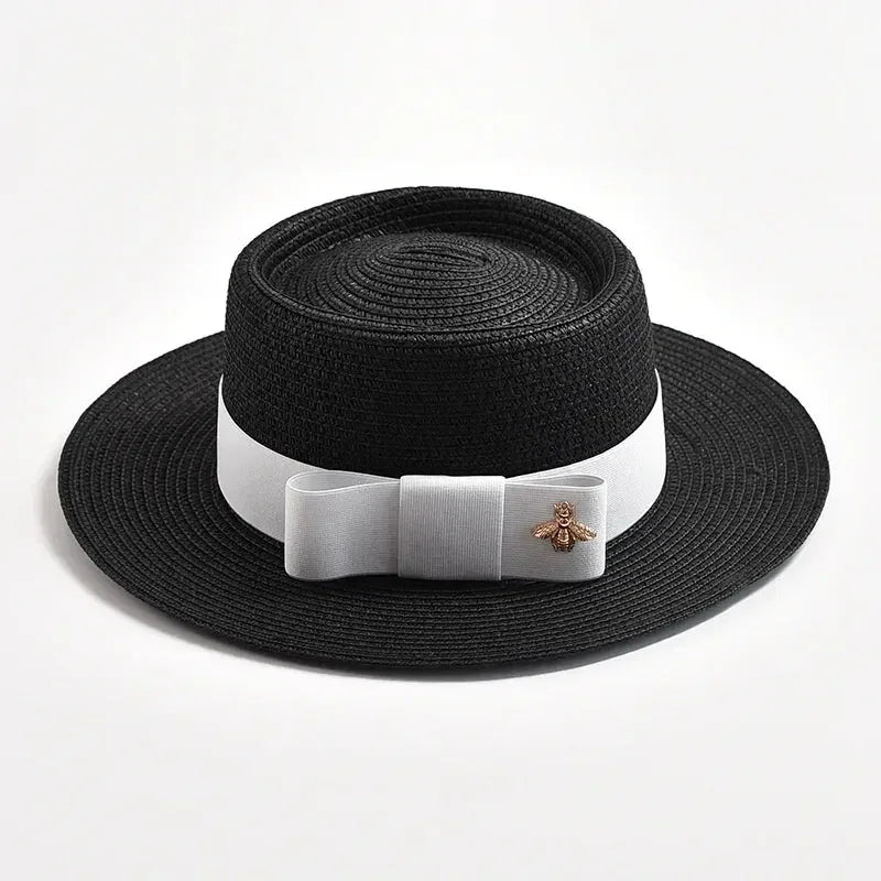 NEW Spring Summer Straw Hats for Women Round Bumpy Surface Flat Top Bowknot Dress Cap Travel Beach Sun Hat Gorra