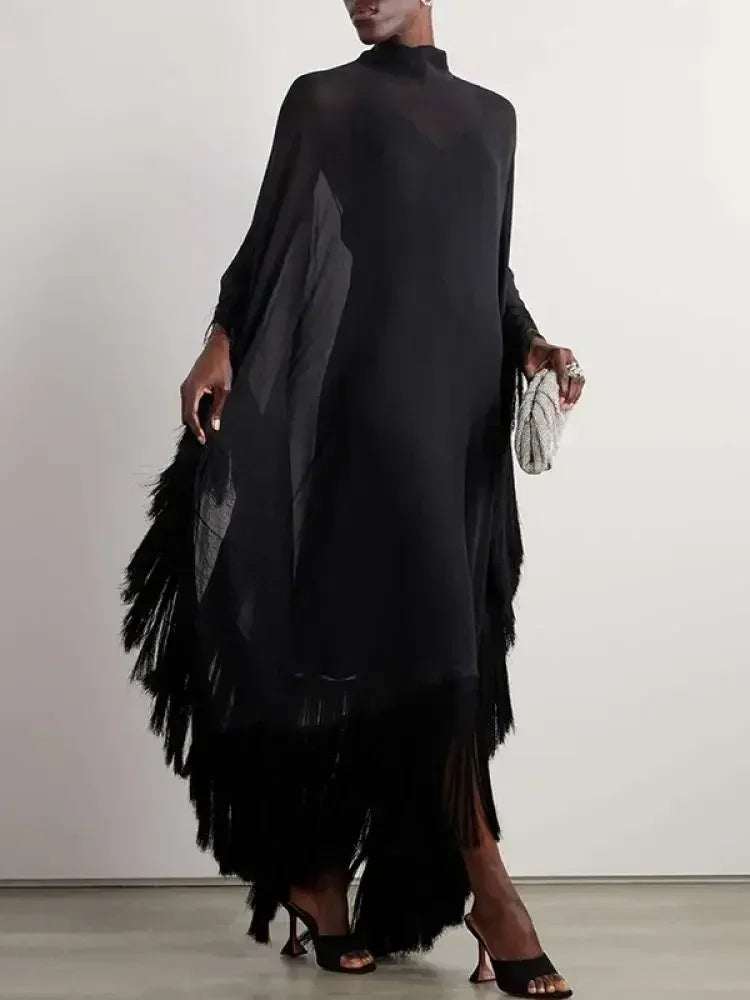 Yeezzi 2025 New Spring Fashion See-Through Tassel Party Dresses Women Batwing Sleeves Solid Color High-Neck Two Piece Set Dress