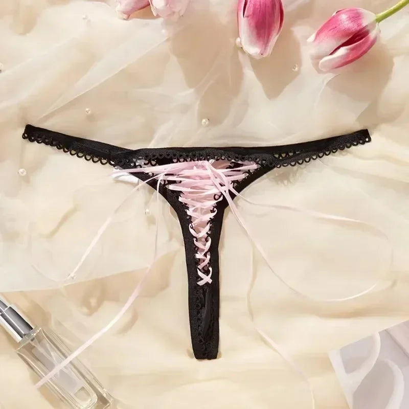 Ladies Super Sexy Lace Up Thongs Lingerie Black Strap Crochet Trim Pink Bandage Lace Up Panties Sexy Exposed Erotic G-Strings
