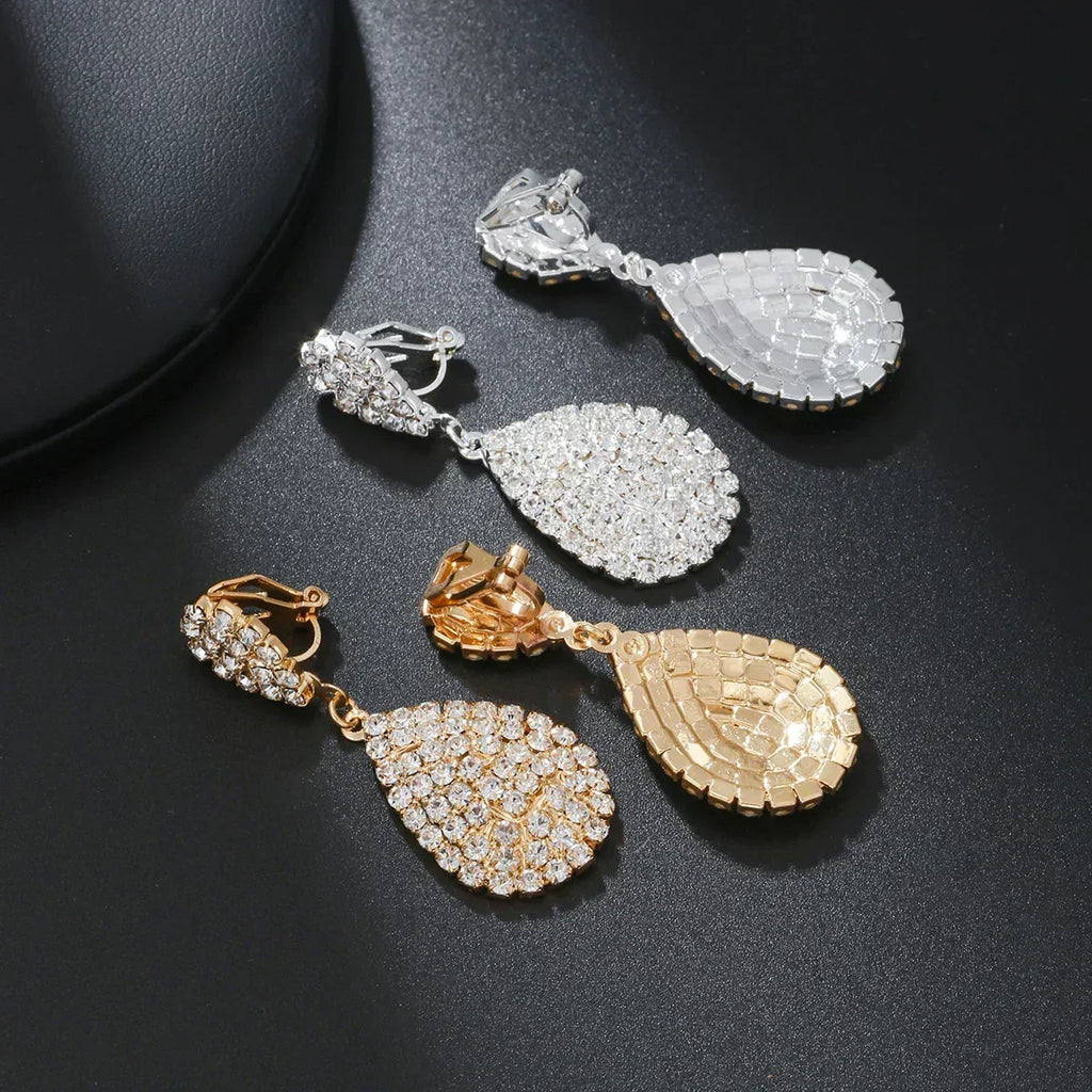 Water Drop Clip On Earring Cubic Zirconia Crystal Dangle Earrings Statement Earrings no pierced for Women Wedding Bridal jewelry