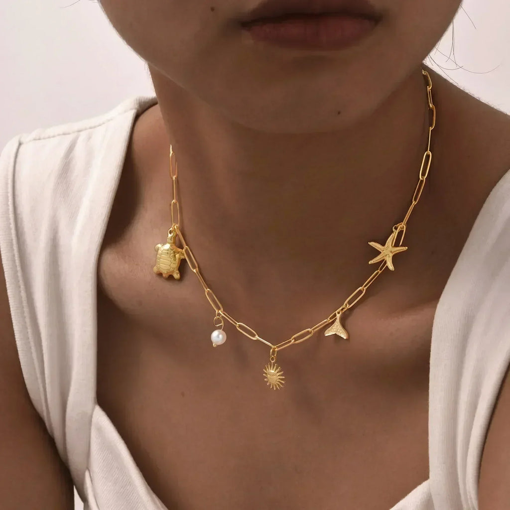 18k Gold Plated Pearl Shell Conch Starfish Summer Beach Necklace, Charms Necklace for Women,Stainless Steel Waterproof Jewelry