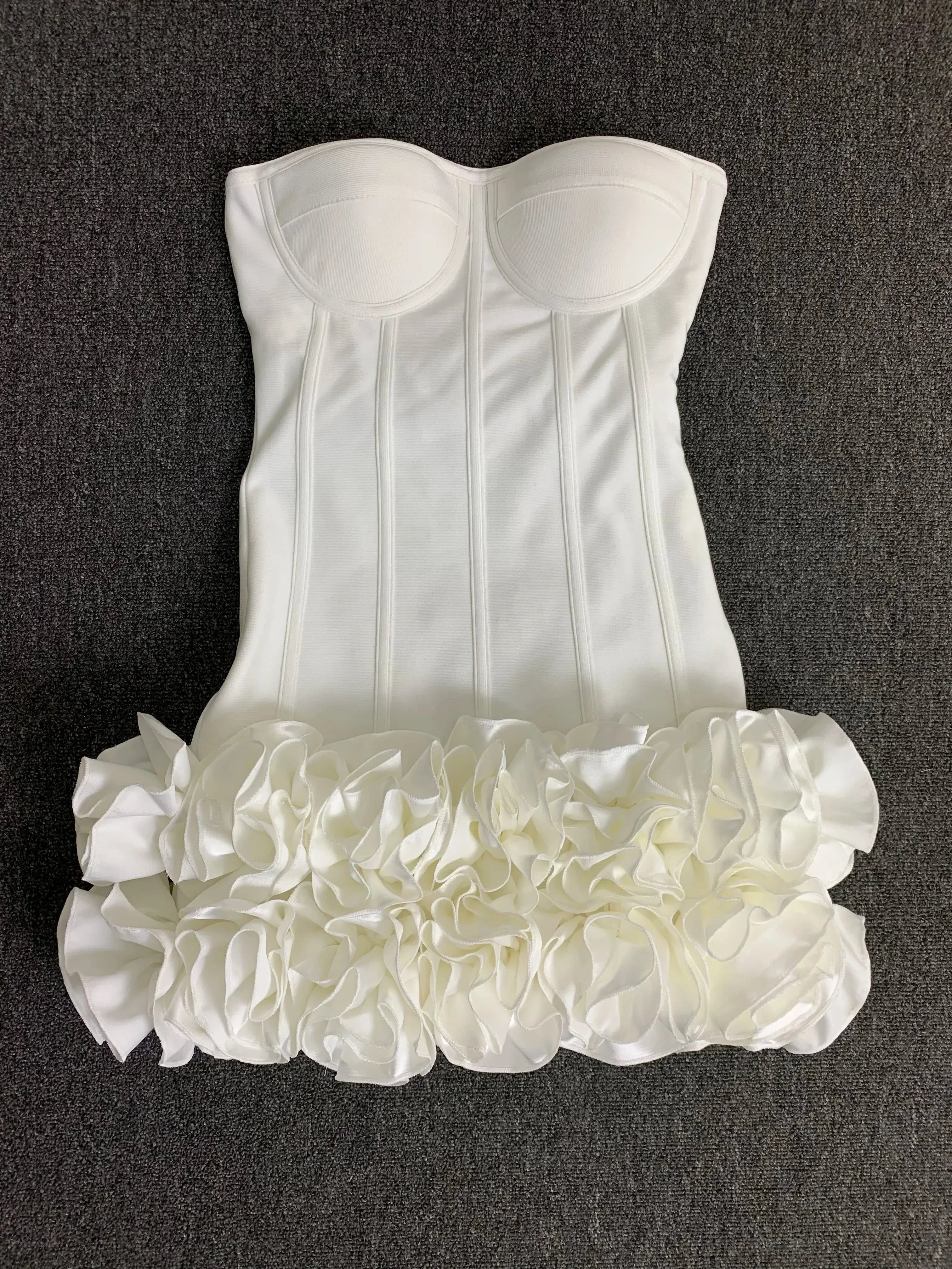 Real Photos Women New Bandage Dress Strapless Laced Up Back Flowers Hem Bodycon Mini Celebrity Evening Party Birthday Dresses