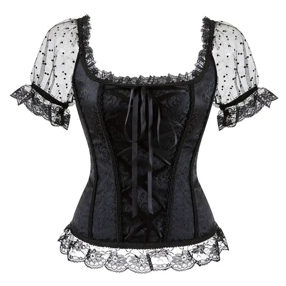Fashion Princess Style Women Lingerie Bodyshaper Bridal Corset Bustier Tops For Women Short-Sleeve Lace Up Corselet Plus Size