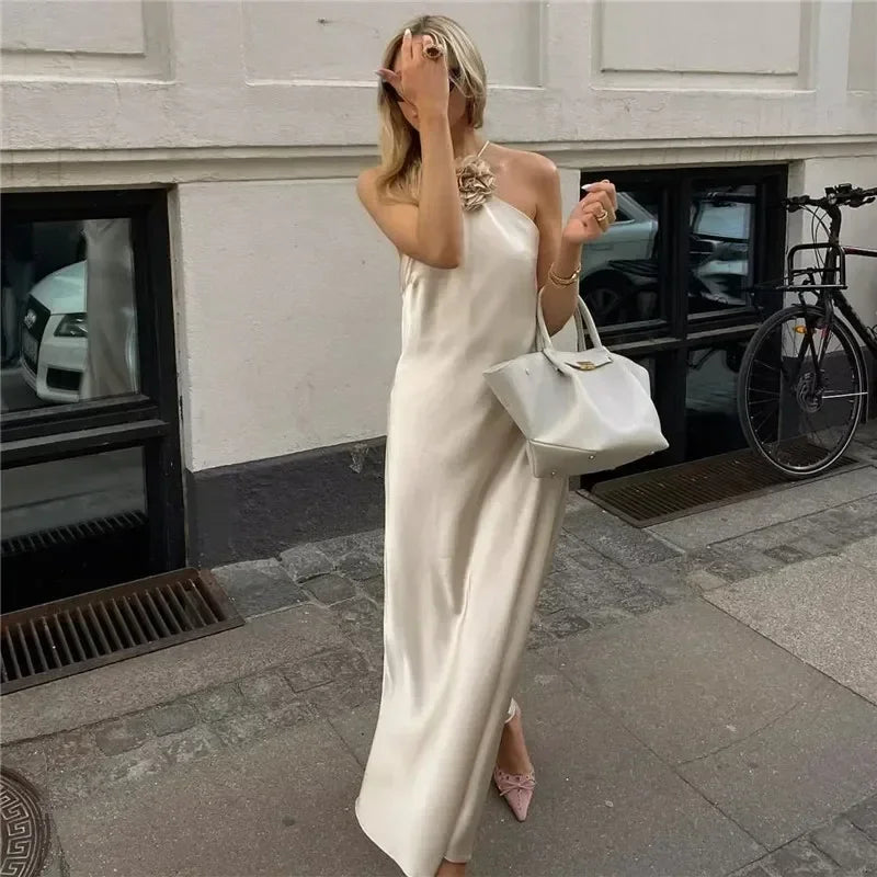MUJER Flower Halter Dress Woman Off Shoulder Satin Long Dress Women Backless Sexy Evening Dresses Summer Party Dresses For Women