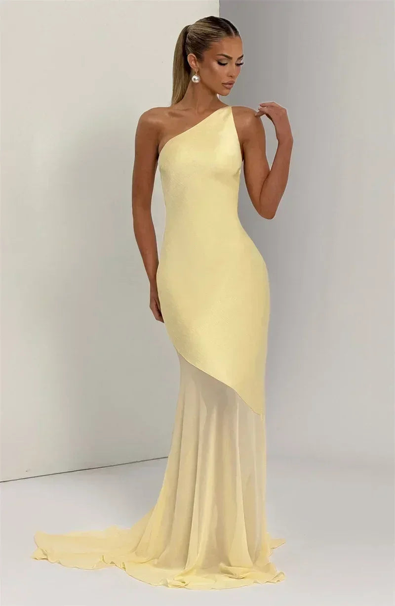Mozision One Shoulder Backless Sexy Maxi Dress Women Gown Fashion Patchwork Sleeveless Bodycon Club Party Long Dress Elegant
