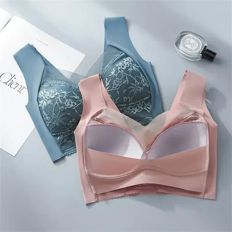 L-5XL Women Large Bra Push Up Ice Silk Seamless upper Bralette Lace Wireless Summer Bras Plus Size Top Lingerie Underwear 15019