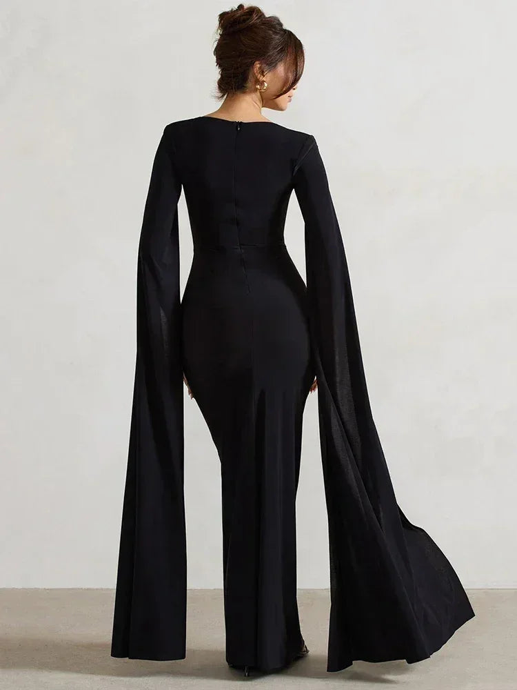 Mozision Long Cape Sleeve Split Maxi Dress For Women Gown Fashion Solid Square Collar Evening Sexy Long Dress Elegant New