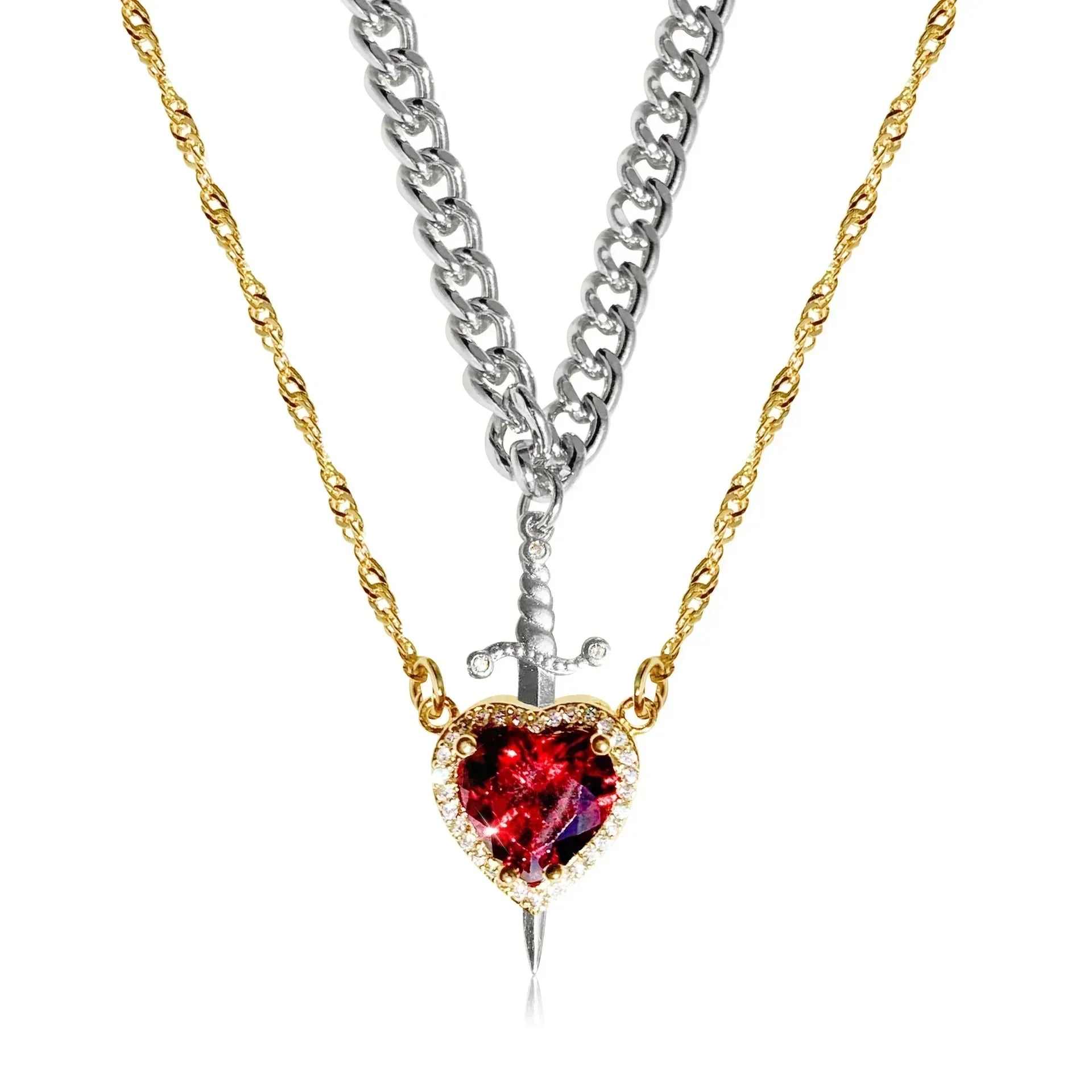 Heart and Sword Necklace Set of 2 - 18K Gold Plated STAINLESS STEEL Crystal Couple Necklaces for Women Men Boyfriend Girlfriend