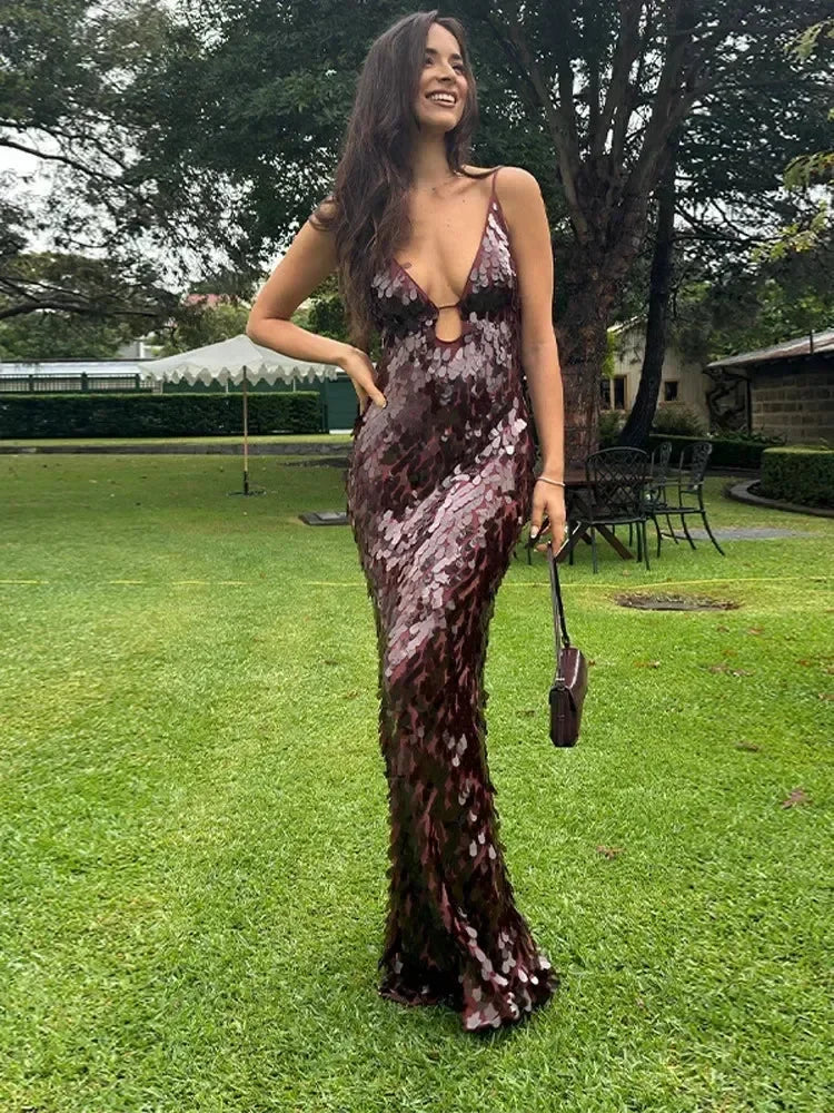 Sexy Women Maxi Dresses Elegant Sequins Sleeveless Female Long Dress Fashion  Solid Deep V Neck Ladies Party Robe Dress