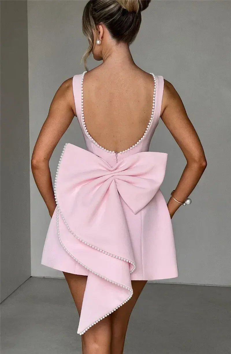 Mozision Pearl Bow Backless Sexy Mini Dress For Women Robe Fashion Zipper Sleeveless High Waist A-line Club Party Dress Elegant