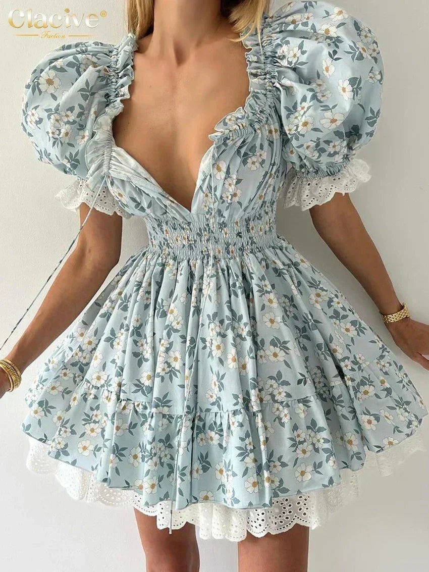 Clacive Summer Slim Print Women's Dress Fashion Slash Neck Short Sleeve Mini Dresses Elegant High Waist Patchwork Female Dress