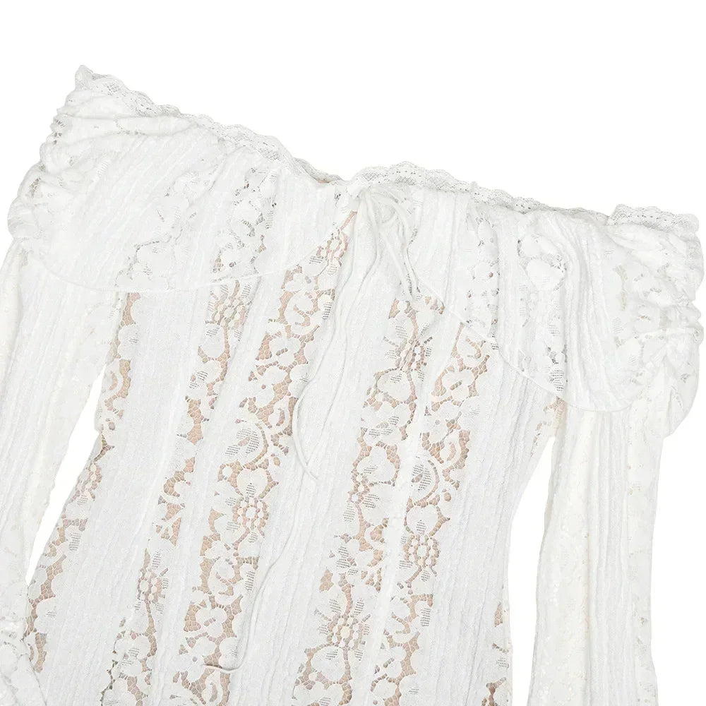 Oligai Lace Slim Mini Dress for Women Off The Shoulder Sexy Long Sleeves Club Party Dresses Bodycon Elegant Autumn Dress