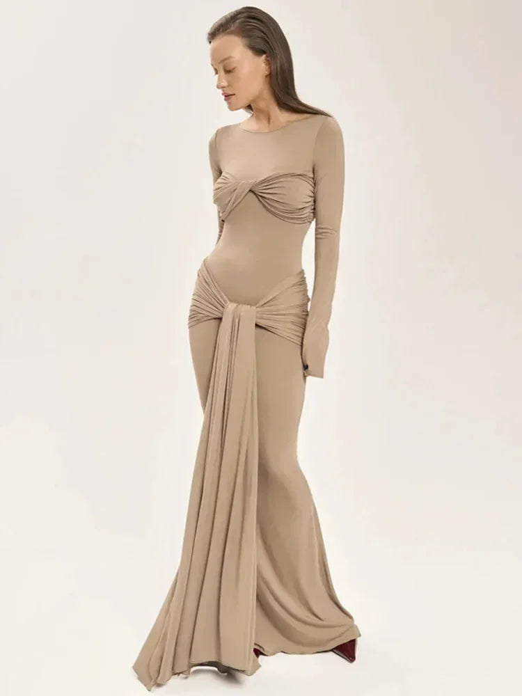 Tossy Female Pleated Sexy Maxi Dress Patchwork Twist Slim Long Sleeve Solid Y2k Autumn Streetwear Dress Women's Bodycon Dress