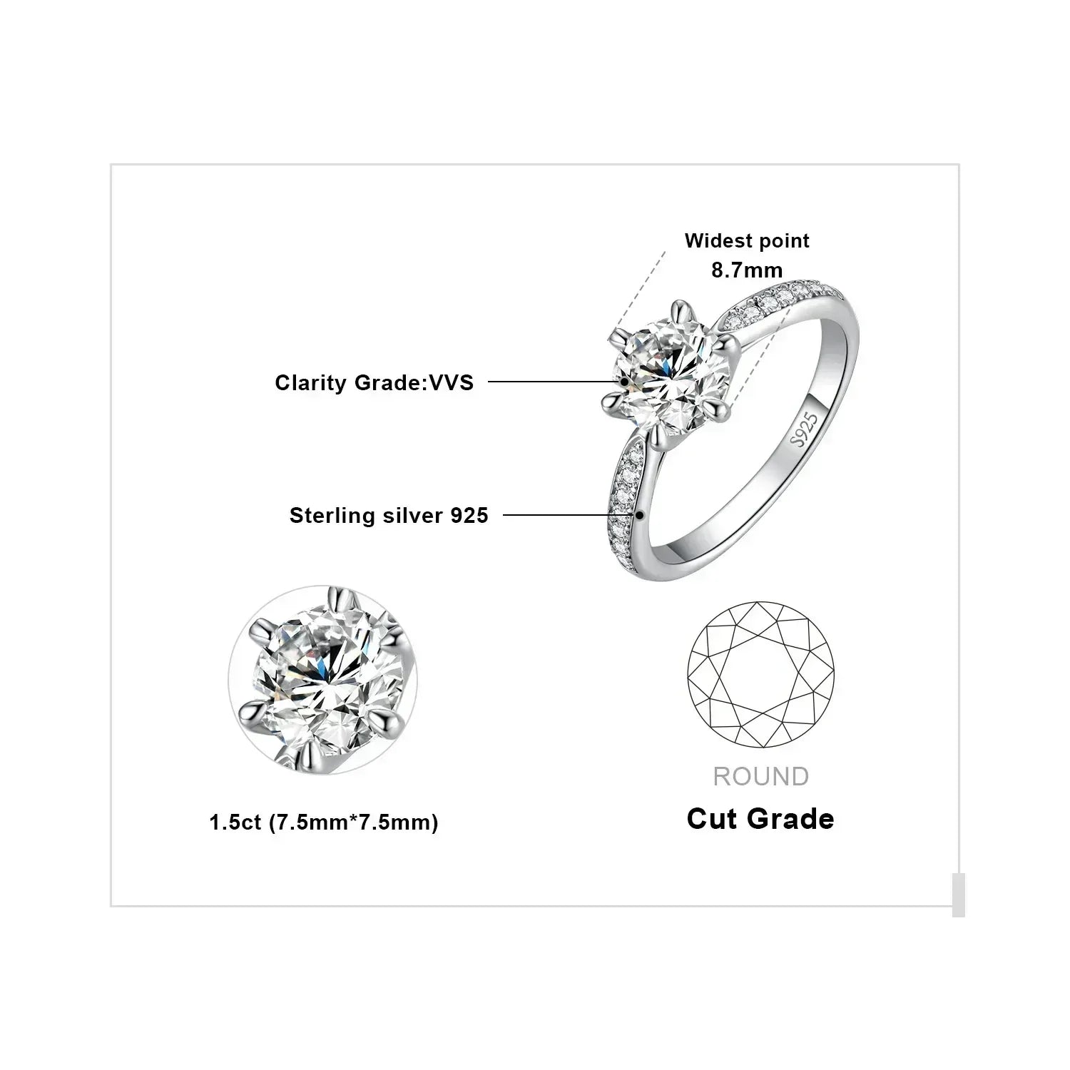 JewelryPalace Moissanite D Color 0.5ct 1ct 1.5ct 2ct 3ct Round S925 Sterling Silver Wedding Engagement Ring for Women