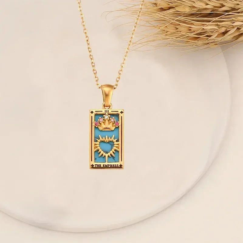 YILUOCD Original Zirconia Tarot Card Necklace Classic Tarot Queen Lover Magician Moon Wealth Amulet Stainless Steel Jewelry