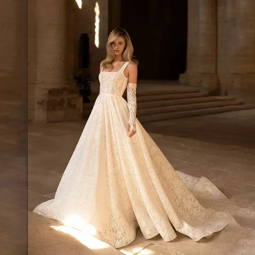 Vintage Lace Wedding Dress | Square Neck Boho Gown - Femstylo