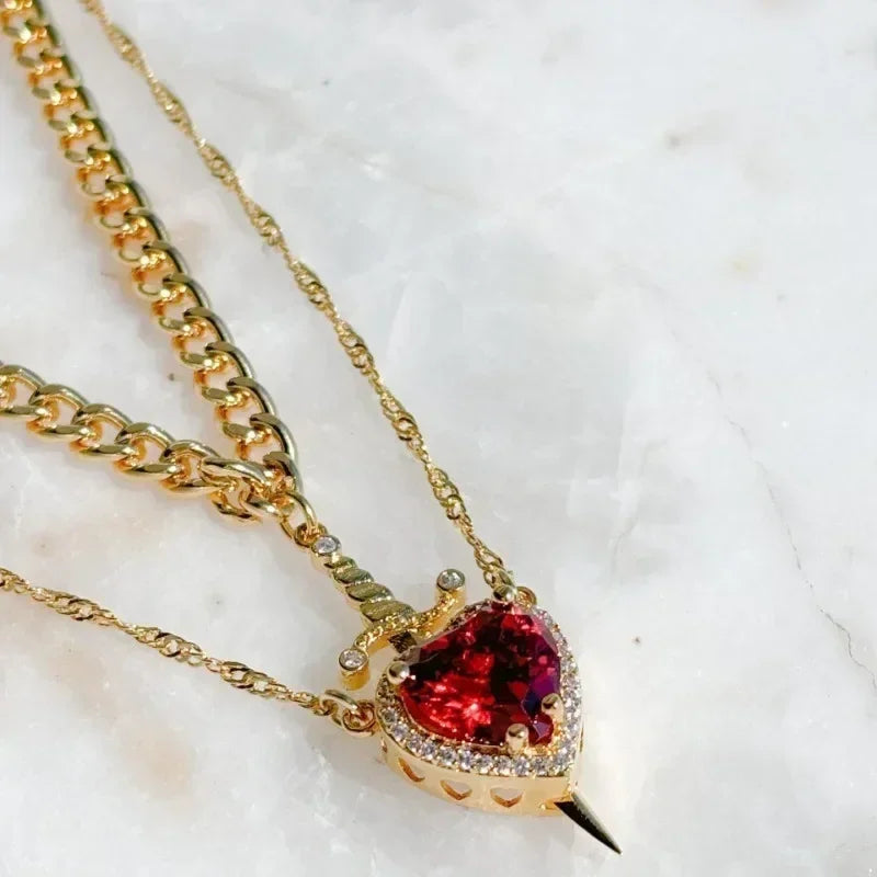 Heart and Sword Necklace Set of 2 - 18K Gold Plated STAINLESS STEEL Crystal Couple Necklaces for Women Men Boyfriend Girlfriend