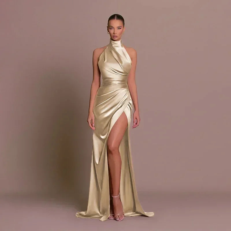 Ladies Summer Satin Evening Birthday Party Dresses Women Sleeveless Backless Halter Side Slit Elegant Long Dress Mowan Clothes