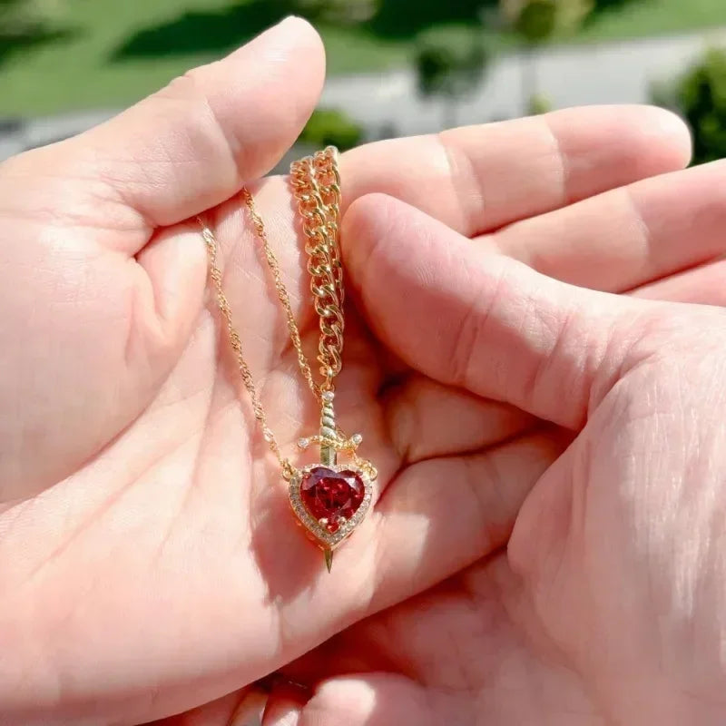Heart and Sword Necklace Set of 2 - 18K Gold Plated STAINLESS STEEL Crystal Couple Necklaces for Women Men Boyfriend Girlfriend