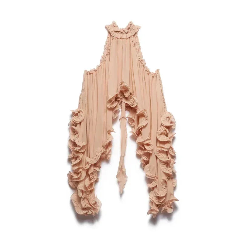 Elegant Ruffle Mini Skirt Set Women Sleeveless Halter Irregular Ruffles Top Mini Loose Short Skirts Sets 2025 Summer Lady Suit
