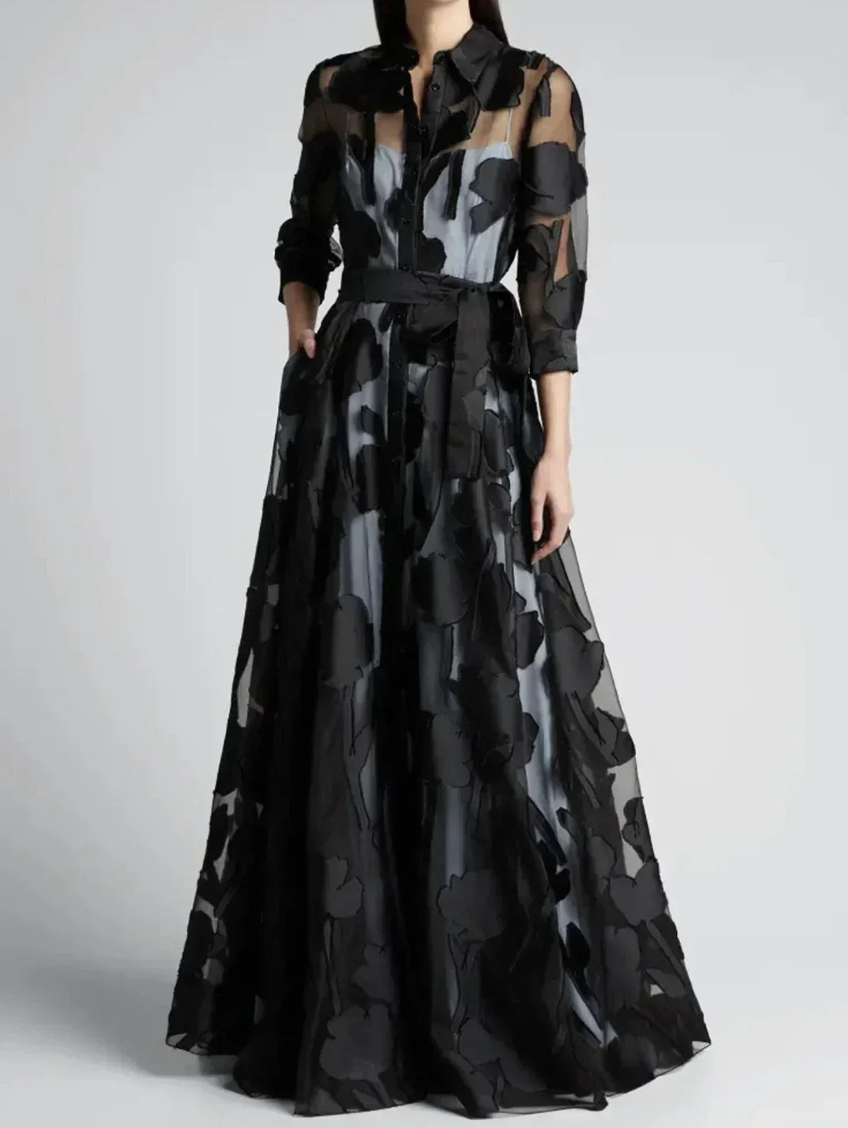 Elegant Three-Quarter Sleeve Knotted Waist Jacquard Mesh Maxi Dress for Women No Lining Transparent Club Party Long Dress