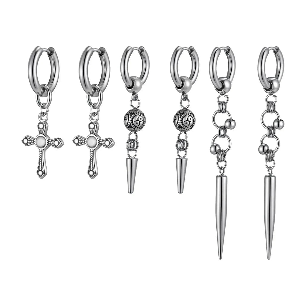 Punk Men's Huggies Earrings,Vintage Long Chain Stainless Steel Ear Drop,Stylish Cross Earring Gift