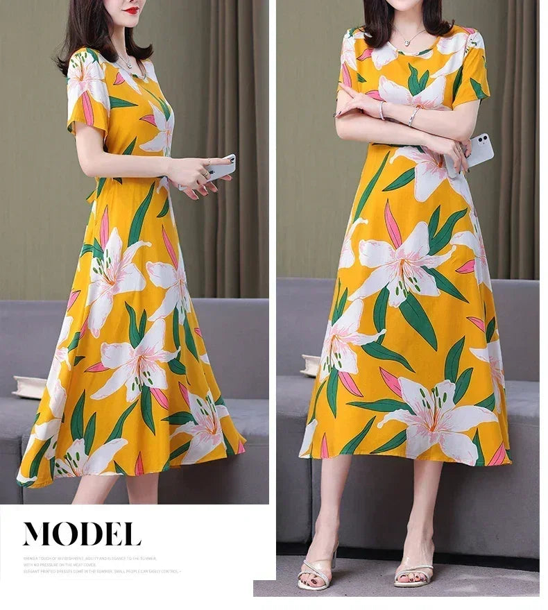 New Fashion Casual 2024 Summer Elegant Dresses For Women O-Neck Print Vintage Short Sleeve Dress Loose Women Clothing
