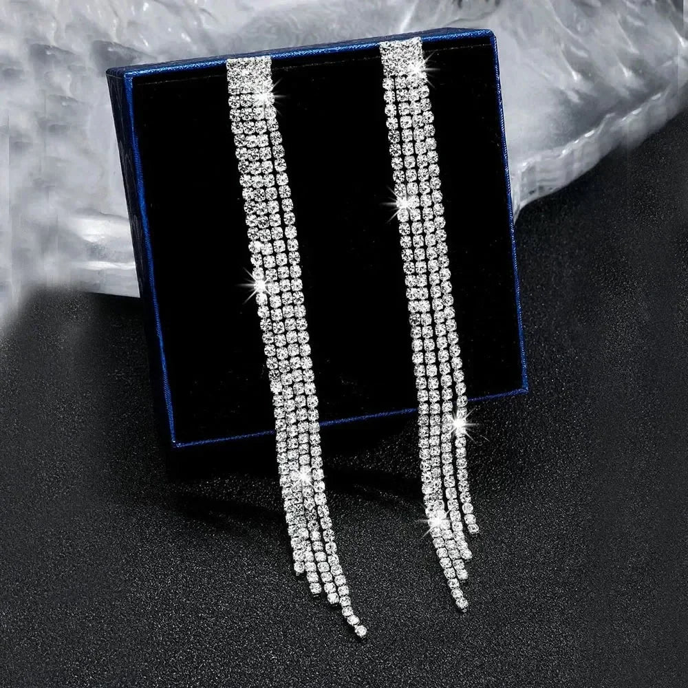 TREAZY Shiny 4 Lines  Rhinestone Crystal Tassel Long Earrings for Women Wedding Party Hanging Dangle Earrings Bridal Brincos