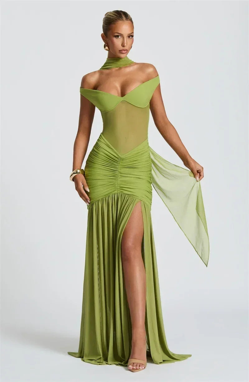 Mozision Off-shoulder Backless Sexy Maxi Dress Women Gown Halter Sleeveless Backless Thigh High Split Club Party Long Dress