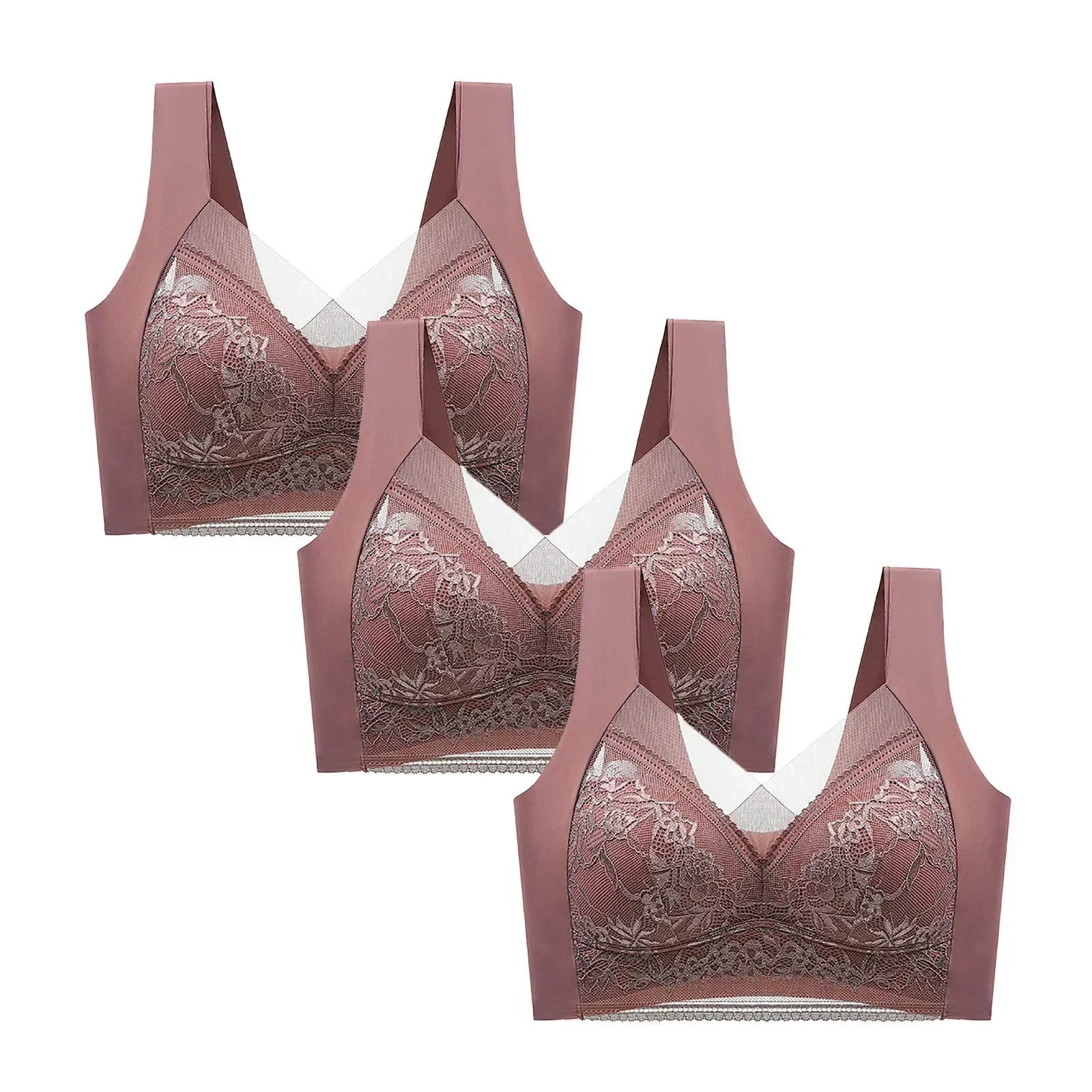 FallSweet 3PCS Lace Push Up Bras for Women Sexy Wireless Bra Ice Silk Deep V Bralette Tops Female Lingerie Mom's Underwear L-5XL