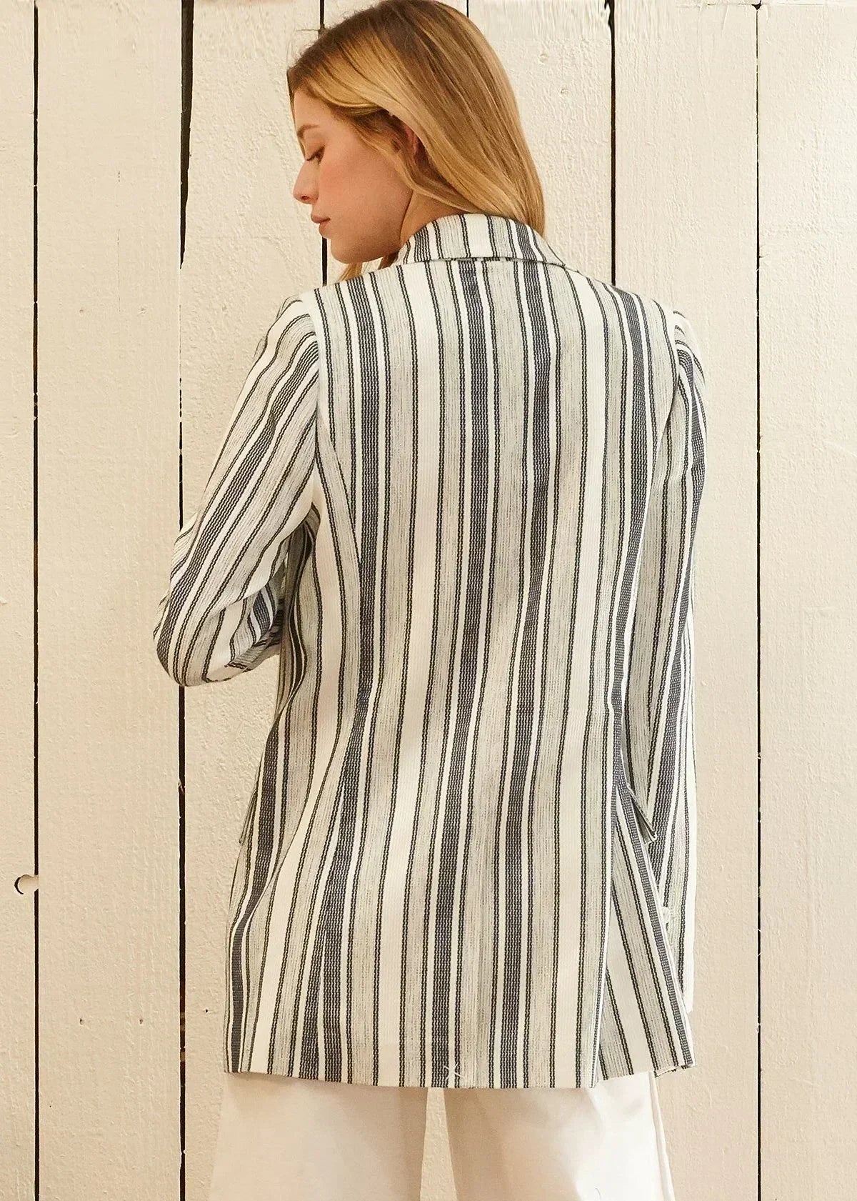 Blue White Stripe Blazer | Double Breasted Tweed Jacket - Femstylo